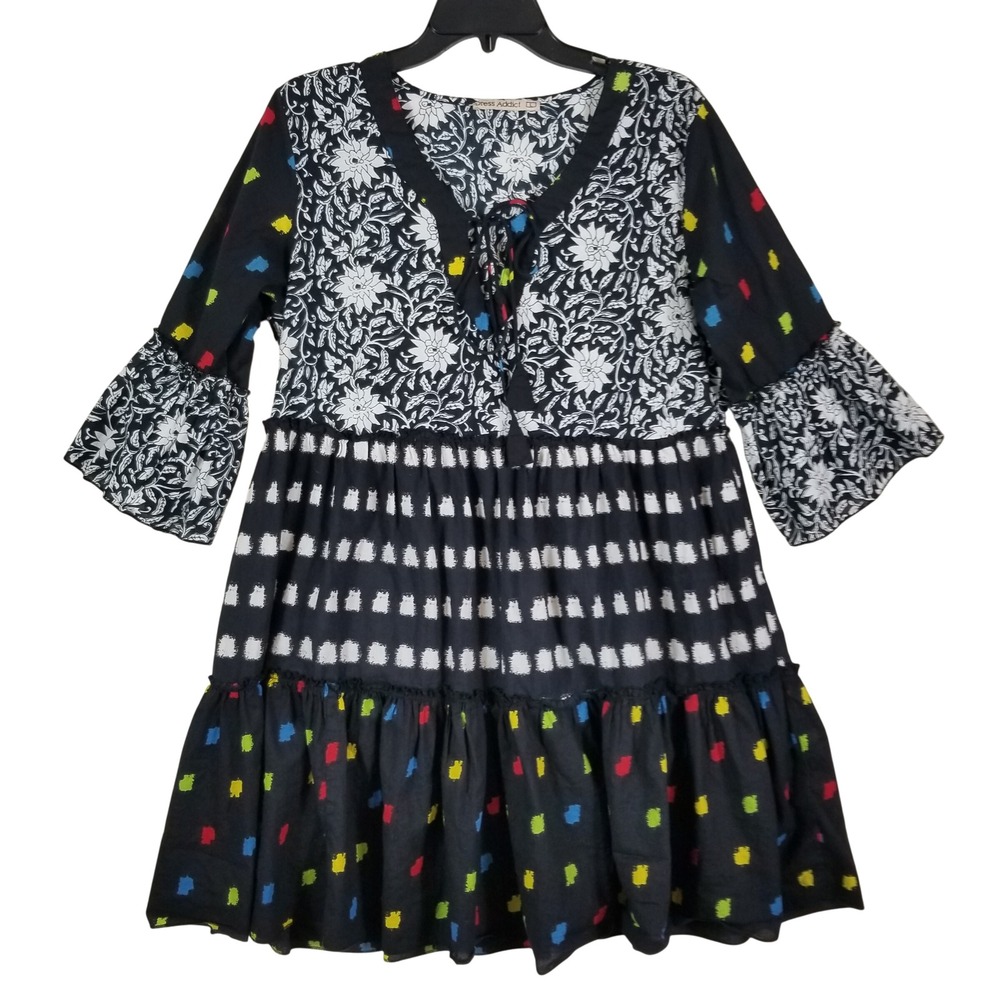 Dress‎ Addict Women Cotton Mixed Print Floral Tiered Mini Dress Black Sz L Boho